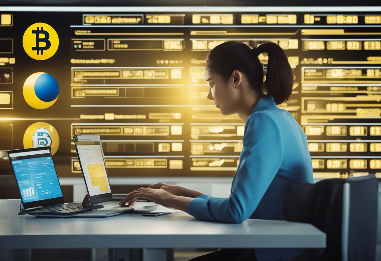 Uma pessoa em um computador, inserindo informações em um site bancário, com o logotipo do Banco do Brasil visível na tela