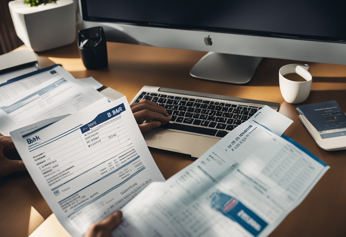 Uma pessoa em uma mesa com um computador, segurando um extrato bancário e procurando informações de IBAN no site do Banco do Brasil.