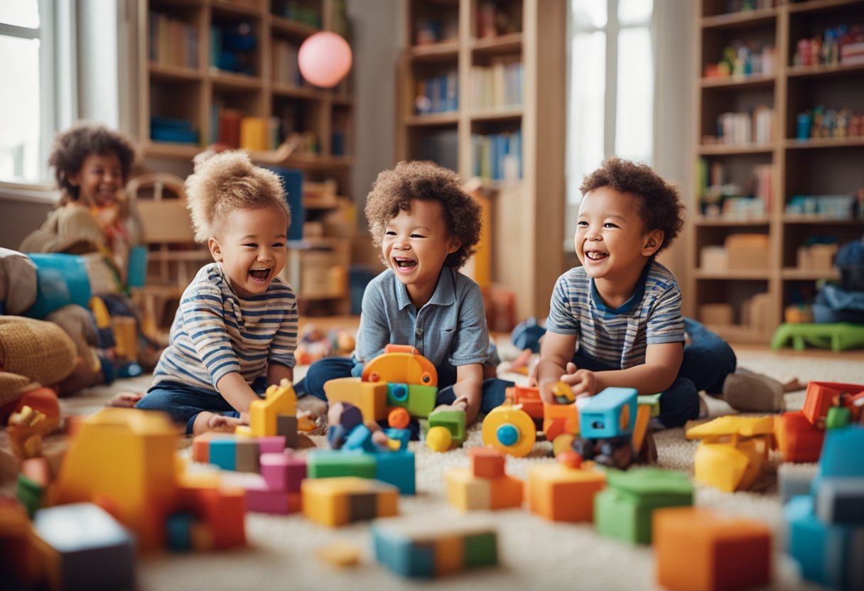 Um grupo de crianças brincalhonas nascidas em 2010, cercadas por brinquedos e livros, rindo e aproveitando a companhia umas das outras em um quarto brilhante e colorido.