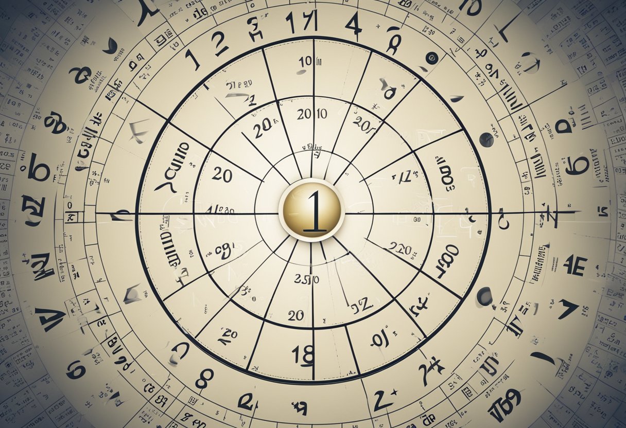 Um calendário com o ano de 2010 circulado, cercado por símbolos e equações matemáticas