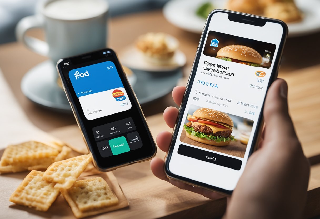 Um smartphone com o aplicativo iFood aberto, ao lado de um cartão Caixa Tem, com um pagamento sendo processado.