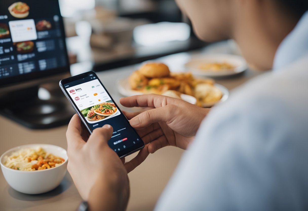 Uma pessoa usando um smartphone para pedir comida pelo iFood, enquanto uma variedade de métodos de pagamento é exibida na tela, incluindo a opção de usar o Caixa Tem.