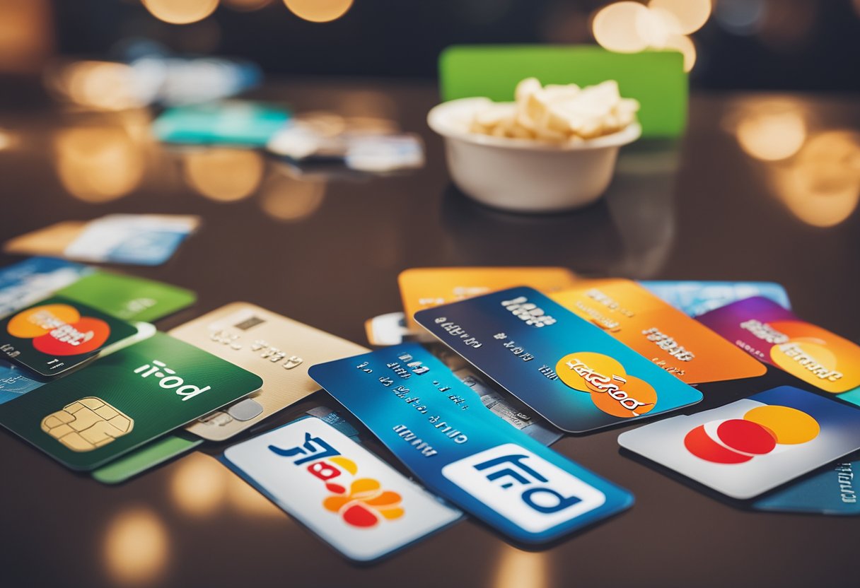 Uma variedade colorida de opções de pagamento (cartão de crédito, cartão de débito, dinheiro e vales-refeição) exibida ao lado do logo do iFood