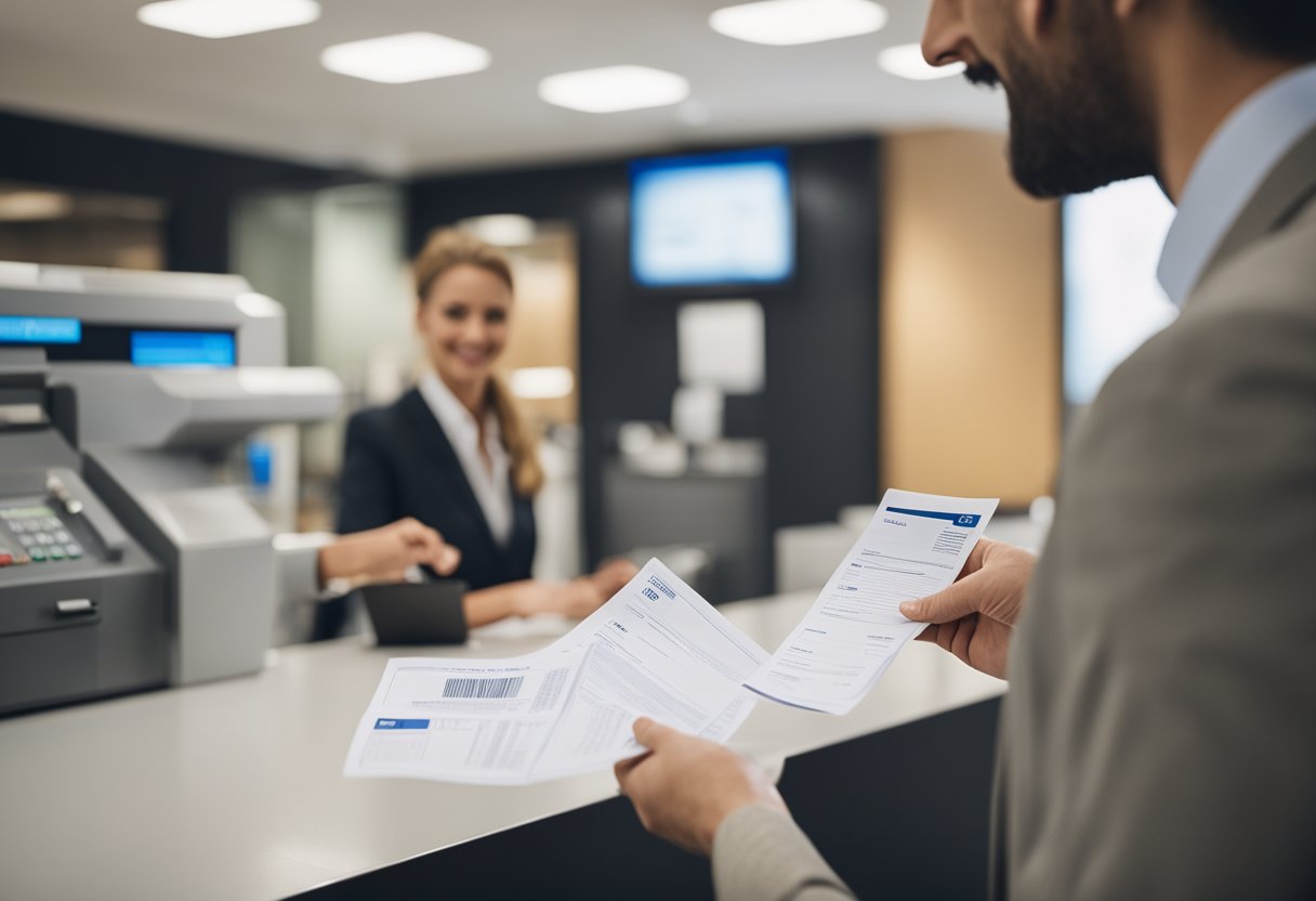 Uma pessoa recebendo um documento de um caixa em um balcão de banco