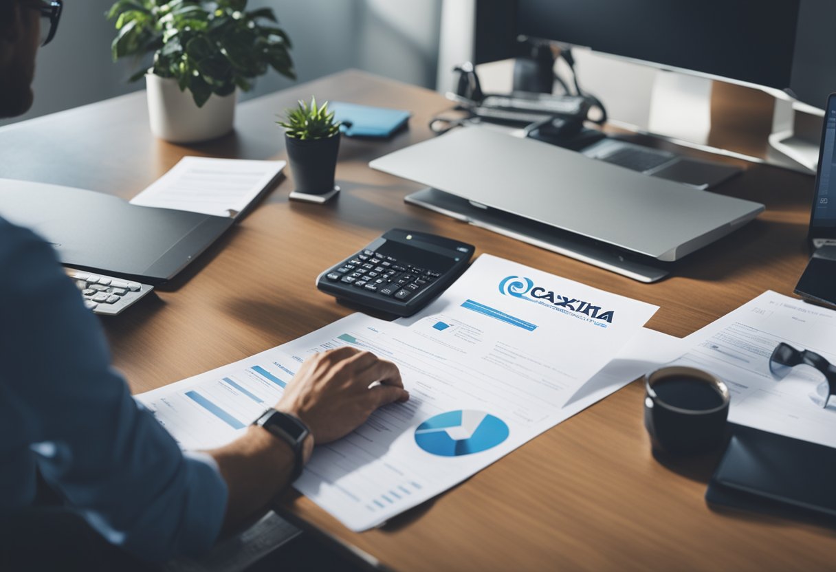 Uma pessoa sentada em uma mesa, cercada por documentos financeiros e um computador, preenchendo um formulário com o logo da Caixa