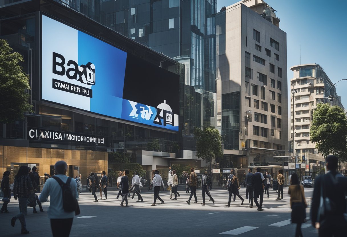 Uma rua movimentada da cidade com pessoas usando smartphones, um logo do aplicativo Caixa Tem exibido em um outdoor e um prédio de banco ao fundo.
