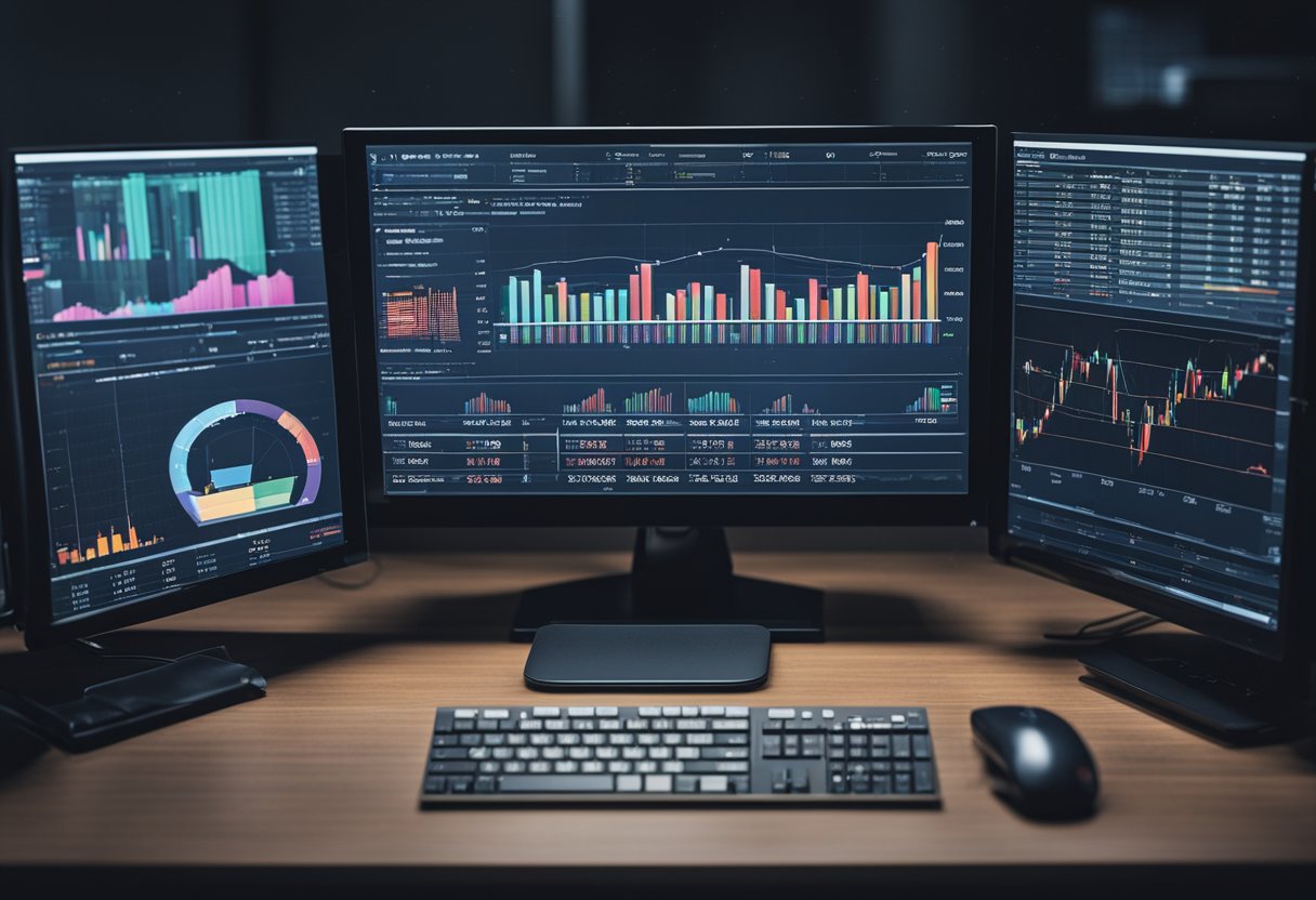 Uma mesa com um monitor de computador exibindo dados financeiros, cercada por gráficos e tabelas.