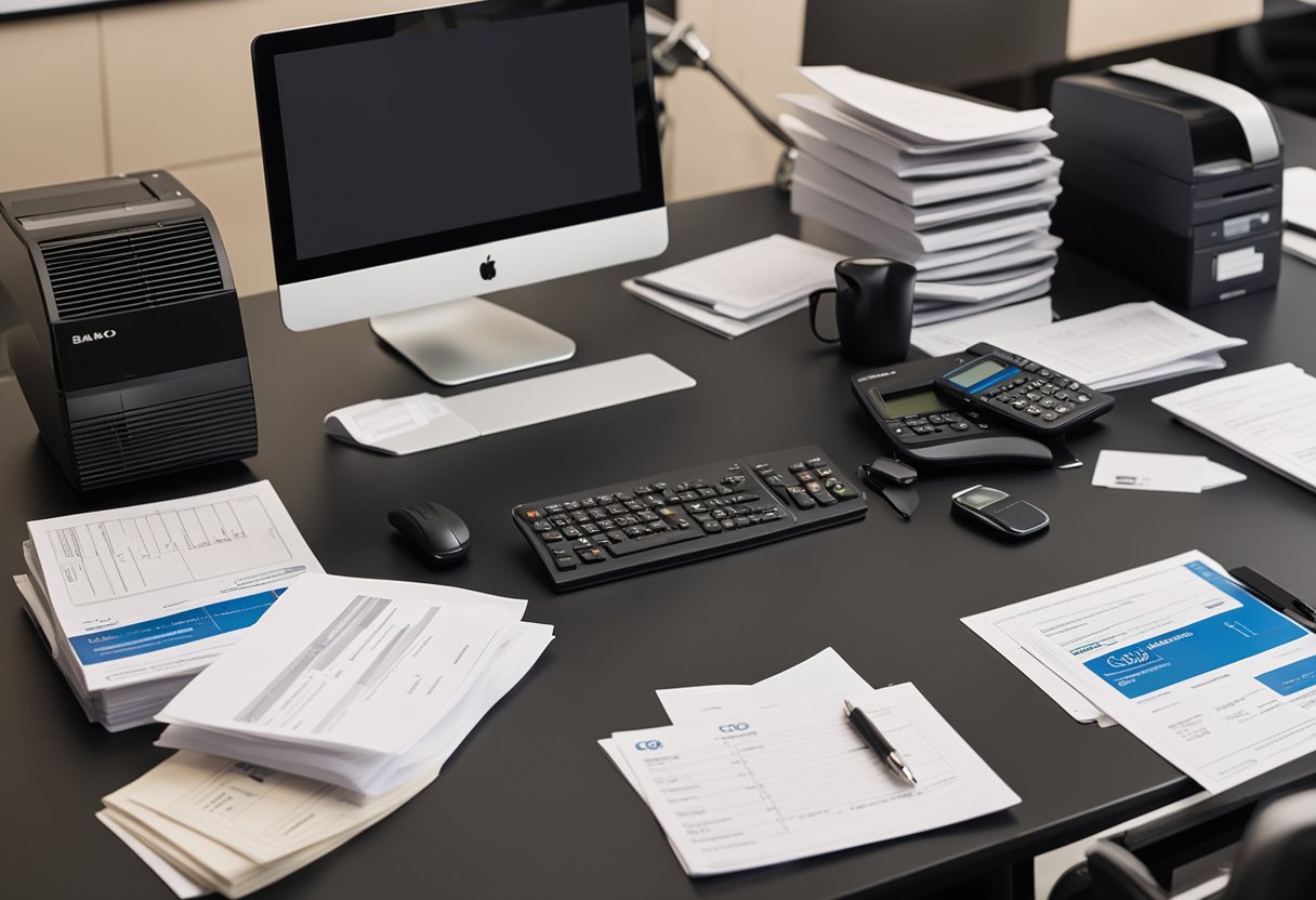 A cena mostra uma mesa de escritório moderna com uma tela de computador exibindo o logo do Banco Inter, ao lado de uma pilha de documentos financeiros e uma calculadora.