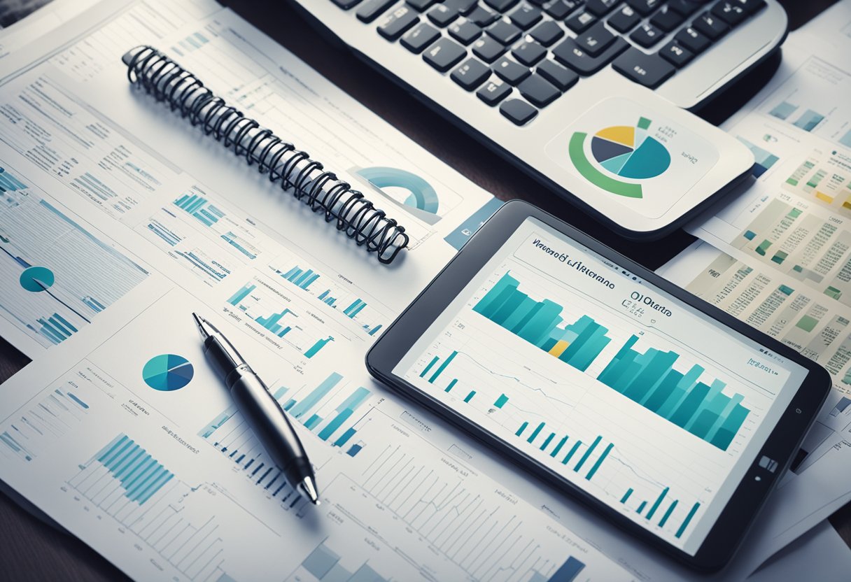 Uma mesa com um laptop aberto em um relatório de desempenho financeiro do Banco Inter, cercada por gráficos, diagramas e uma calculadora