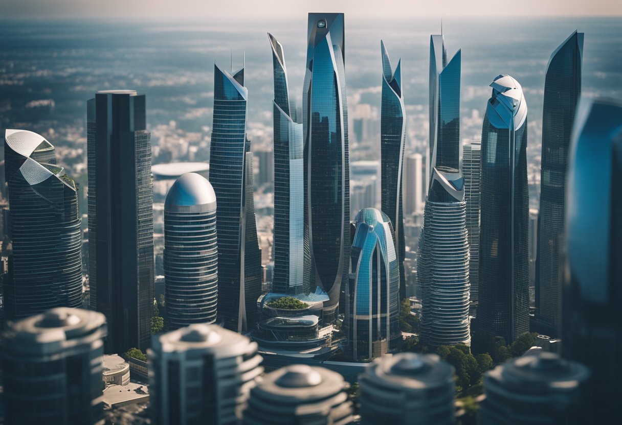 Uma paisagem urbana futurista com a sede do Agibank em destaque, cercada por edifícios modernos e elegantes e tecnologia avançada.