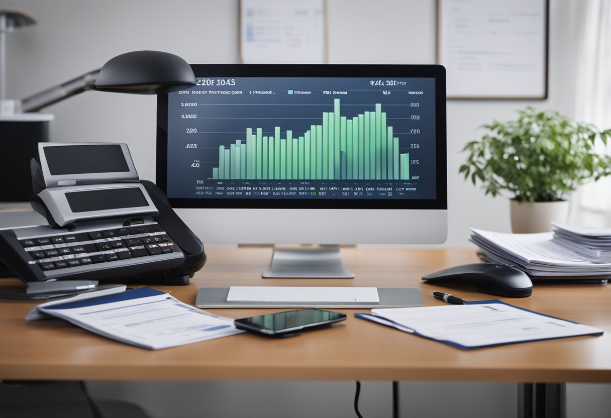 Uma mesa com uma tela de computador exibindo um relatório financeiro para o ano de 2025, ao lado de uma pilha de papéis e uma caneta