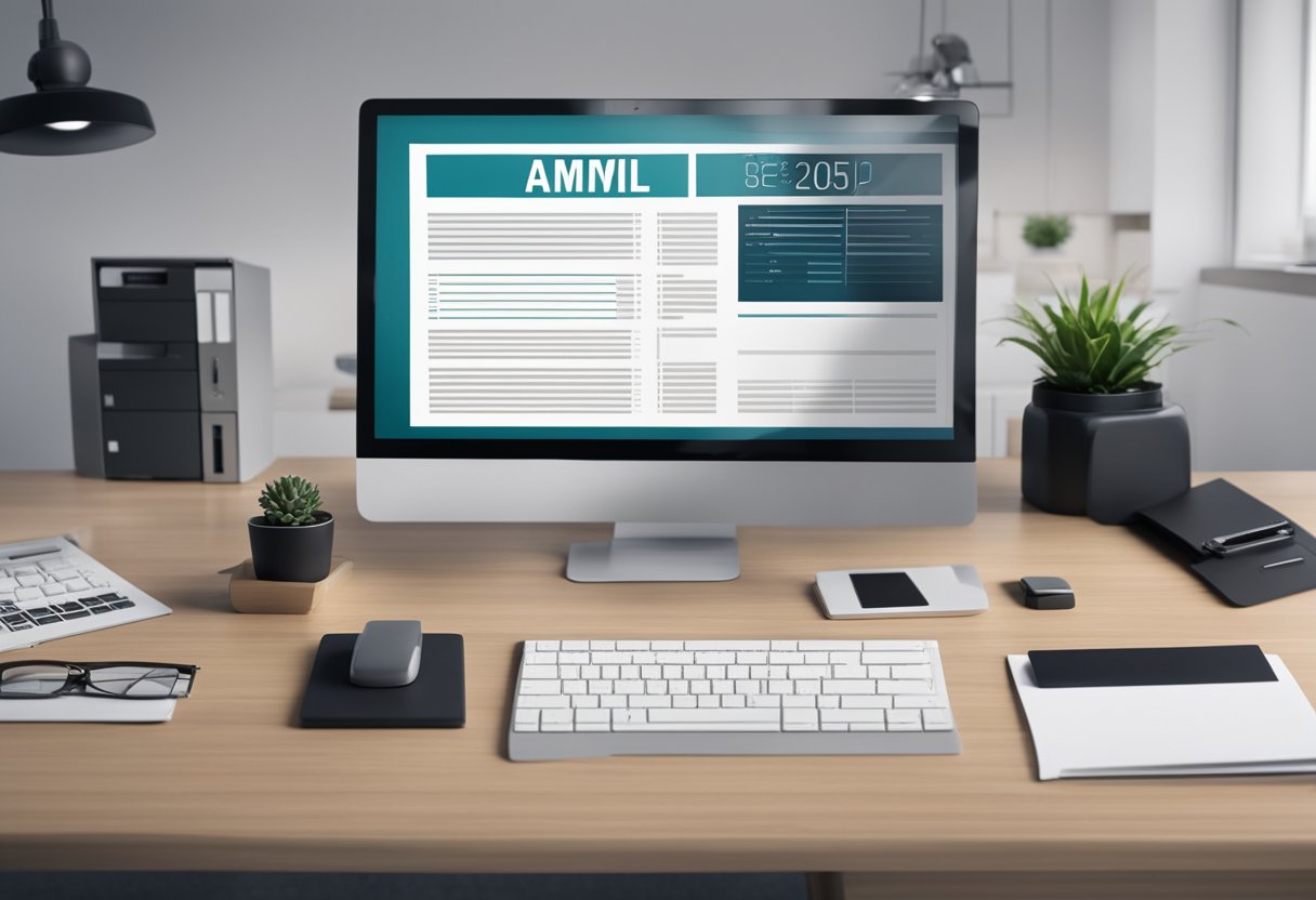 Uma mesa de escritório elegante e moderna com um computador, impressora e documentos organizados de forma ordenada, incluindo um relatório rotulado "Informe de Rendimentos Amil 2025."