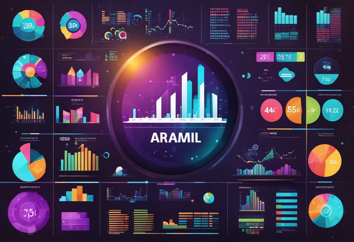 Um fundo abstrato de gráficos e tabelas financeiras coloridas, com o logo da Amil destacado no centro