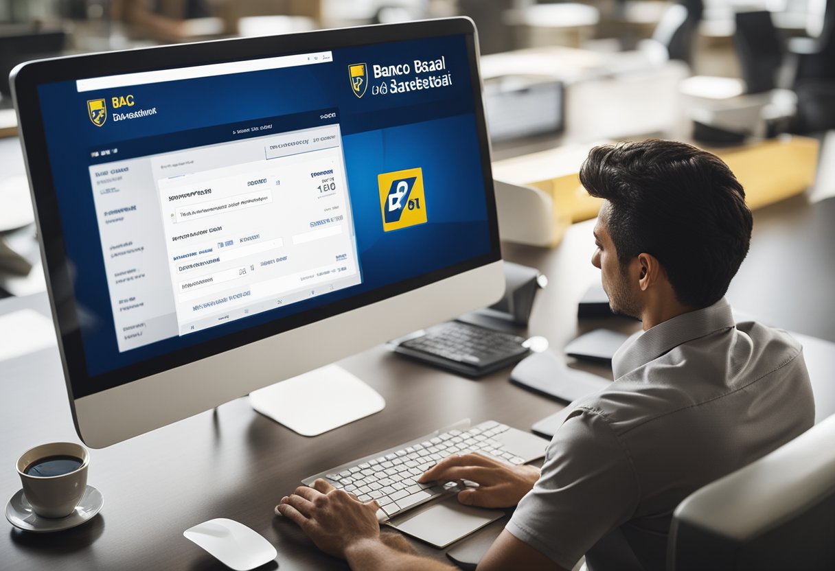 Uma pessoa sentada em um computador, fazendo login no site do Banco do Brasil para acessar seu extrato de renda. A tela do computador exibe o logo do banco e as informações da conta do usuário.