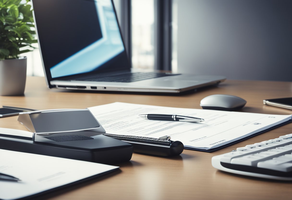 Uma mesa com um computador, papéis e uma caneta. Um logotipo do Banco Safra é visível nos papéis.