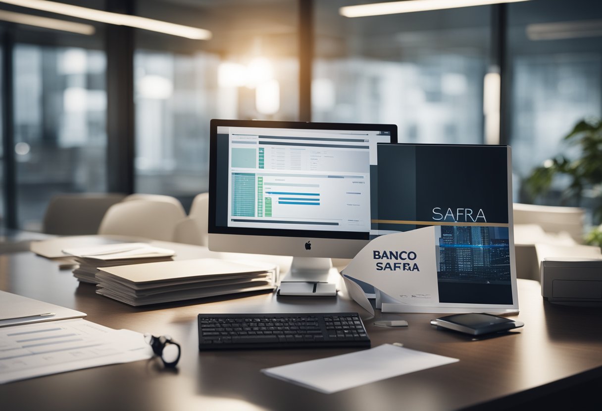 Uma mesa de escritório moderna com uma tela de computador exibindo o logotipo do Banco Safra e uma pilha de documentos financeiros