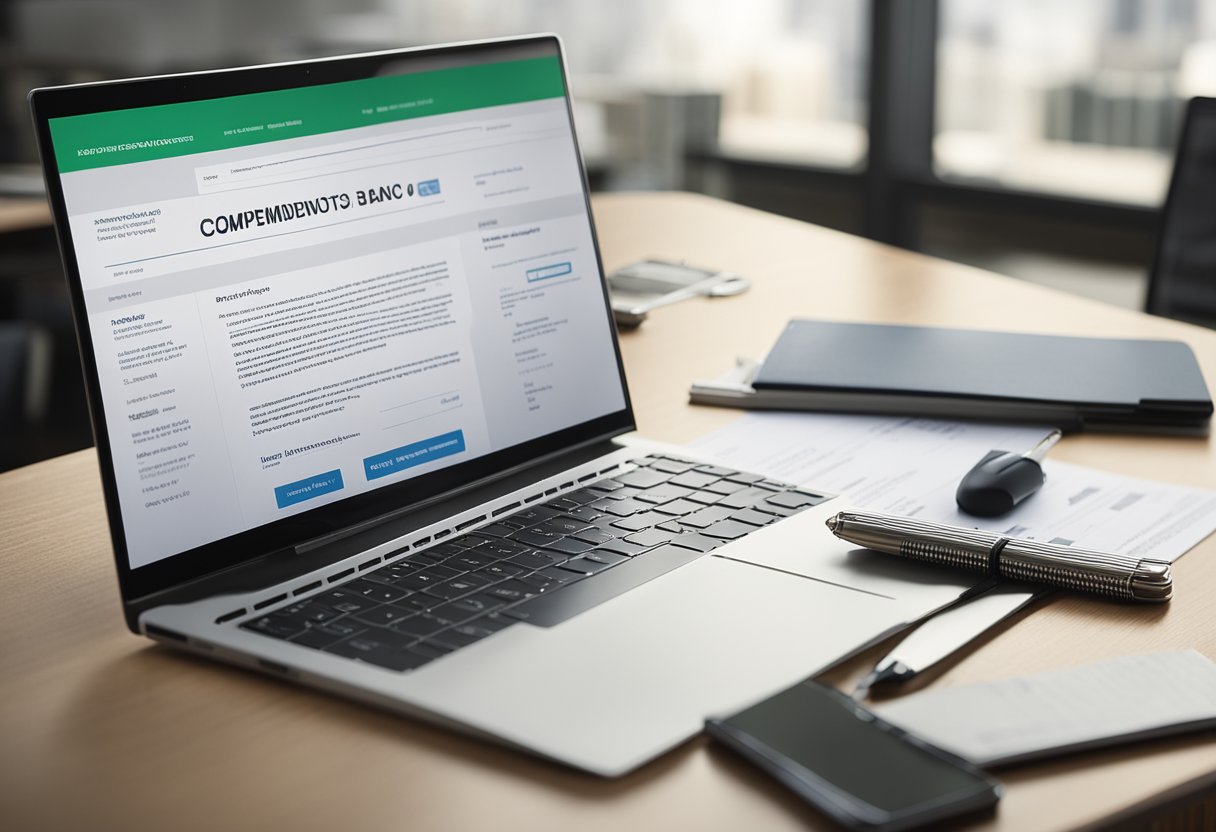 Uma mesa com um computador aberto em uma página da web exibindo o "Informe de Rendimentos" do Banco Safra, com uma caneta e papel próximos para anotações.