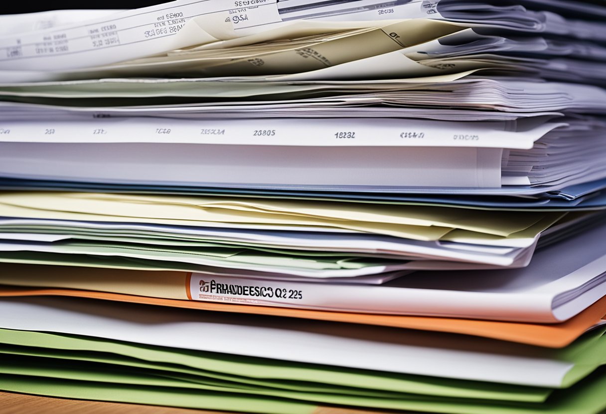 Uma pilha de documentos financeiros em uma mesa, com o logo da Bradesco Saúde e o ano de 2025 exibidos de forma destacada na capa