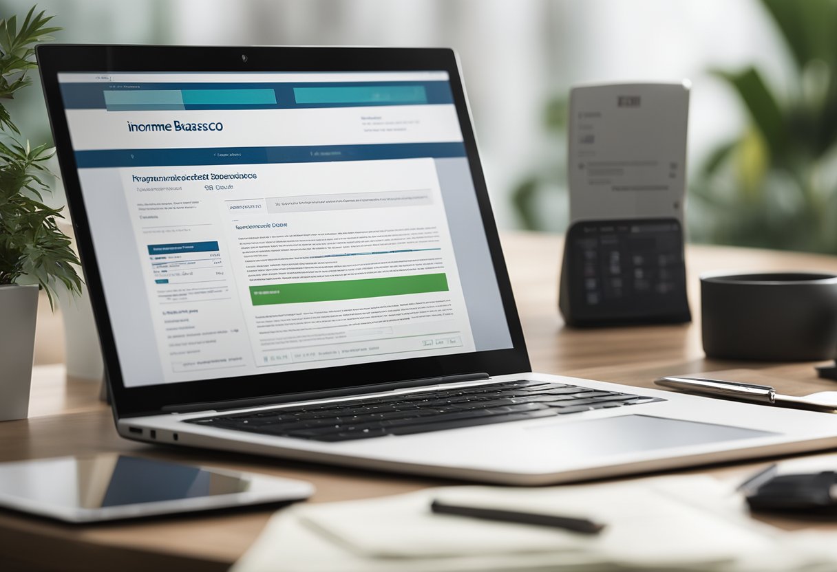 Uma mesa com uma tela de computador exibindo o relatório "Informe de Rendimentos Bradesco Saúde 2025", cercada por papéis e uma caneta