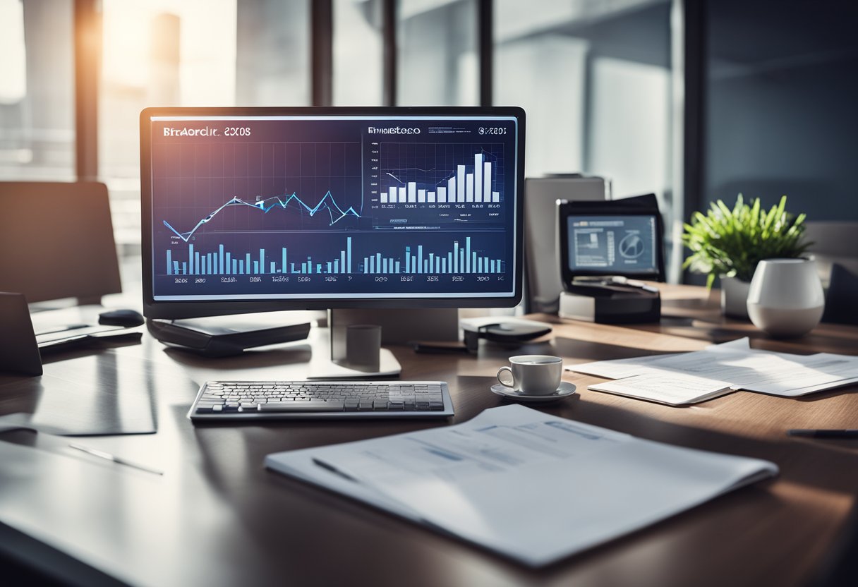Uma mesa de escritório moderna com um computador exibindo dados financeiros e um documento da Bradesco Saúde para o ano de 2025