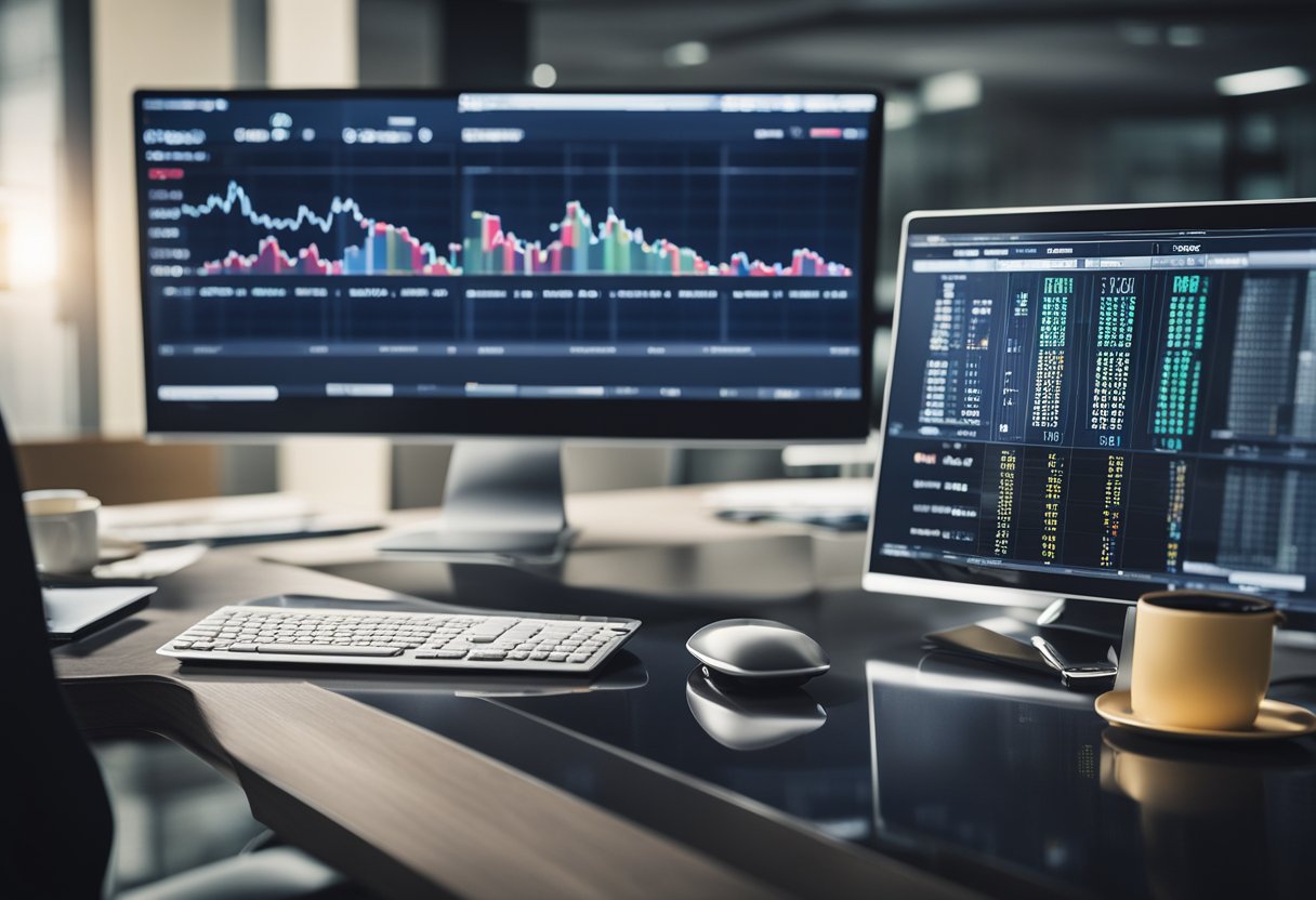 Uma mesa de escritório moderna com um computador, gráficos financeiros e o logotipo do BTG Pactual exibido na tela