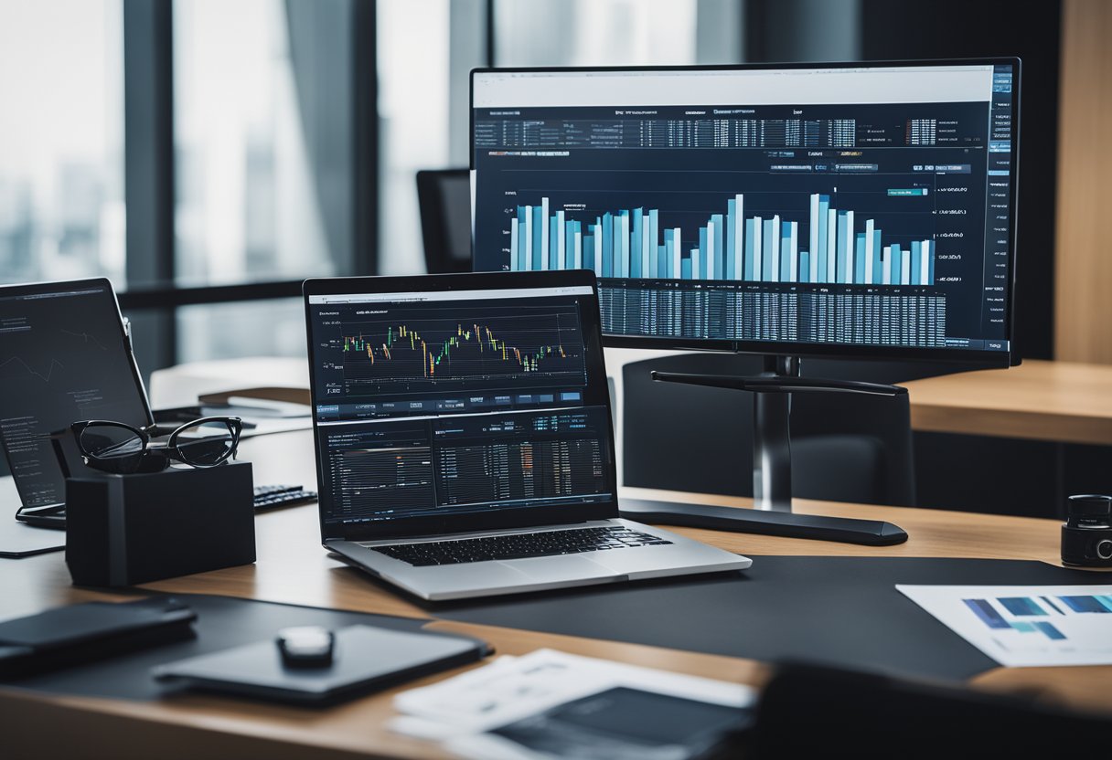 Uma mesa de escritório moderna e elegante com uma tela de computador exibindo gráficos e tabelas financeiros, cercada por pilhas de documentos e um relatório da marca BTG Pactual.