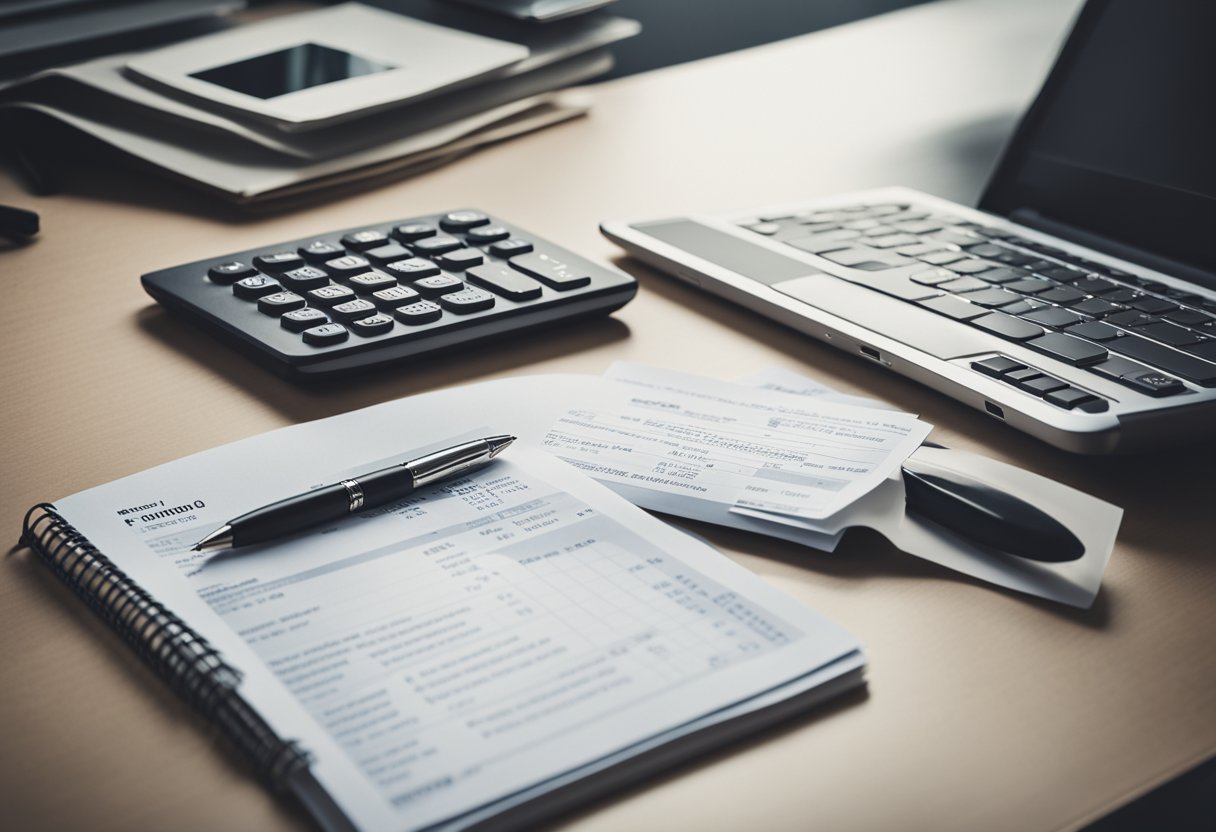Uma pilha de documentos financeiros e um laptop em uma mesa, com uma calculadora e uma caneta próximas.
