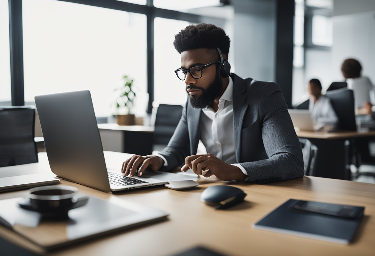 Uma pessoa sentada em uma mesa com um laptop, fazendo login no site do C6 Bank para acessar seu extrato de renda.