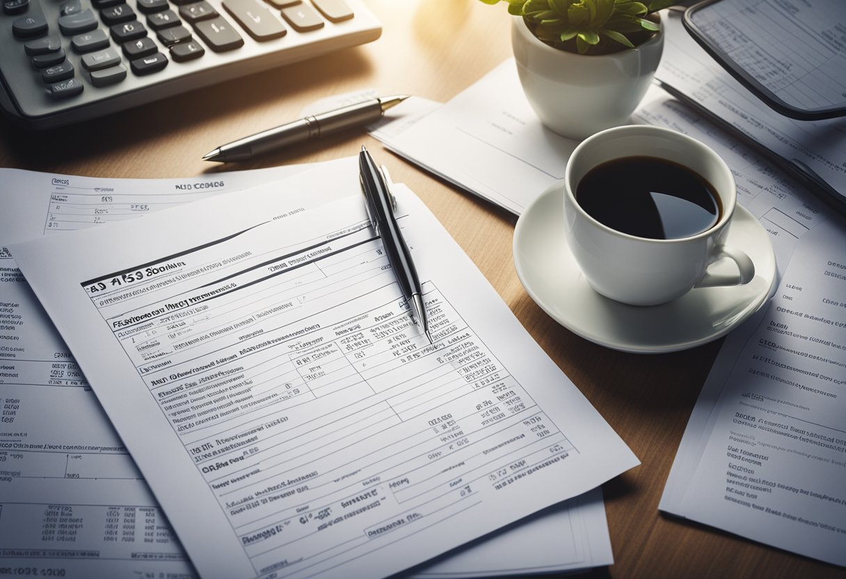 Uma mesa com um computador, calculadora e documentos. Uma declaração de renda do GEAP 2025 está visível, junto com outros documentos relacionados a impostos.