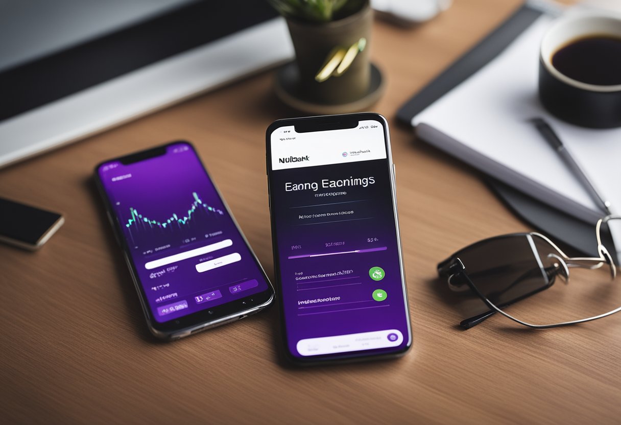 Um smartphone exibindo um relatório de ganhos do Nubank em uma mesa limpa e moderna com uma caneta e um bloco de notas