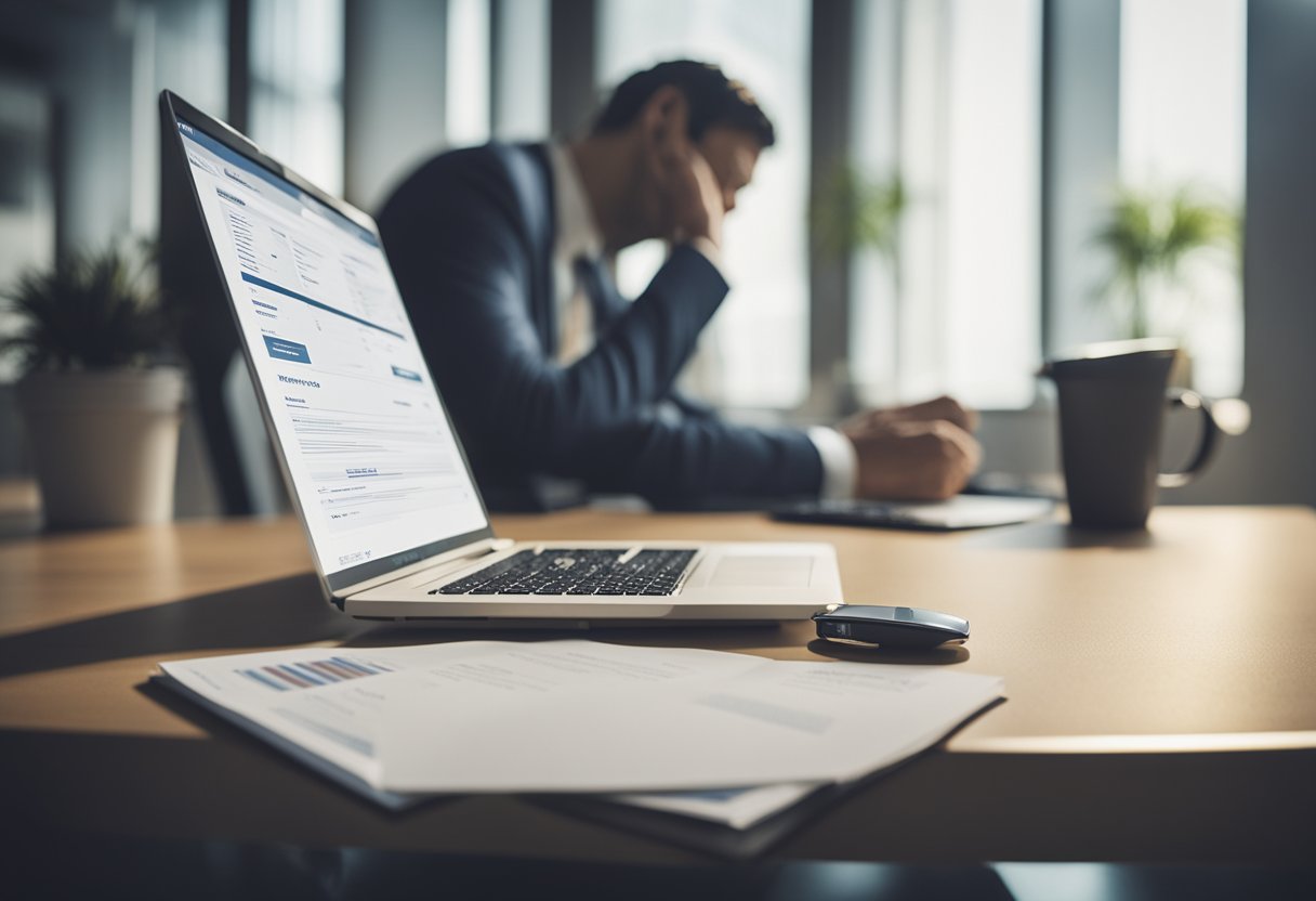 Uma pessoa sentada em uma mesa, lendo um documento rotulado "Informe de Rendimentos do Nubank" com um laptop e uma calculadora próximos.
