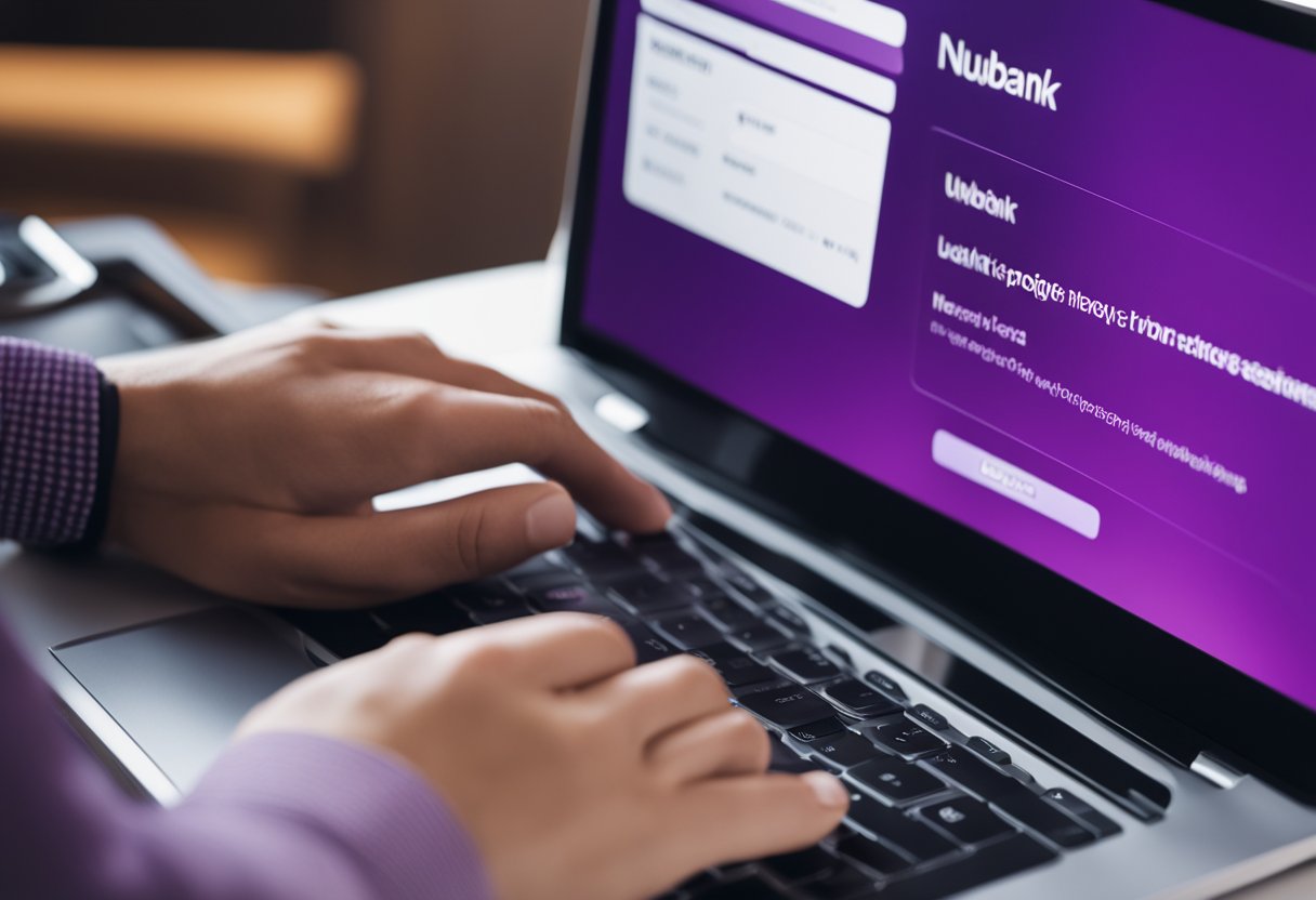 Uma pessoa sentada em uma mesa com um laptop, fazendo login no site do Nubank para acessar seu extrato de renda. A tela do laptop mostra a página inicial do Nubank com um prompt de login.