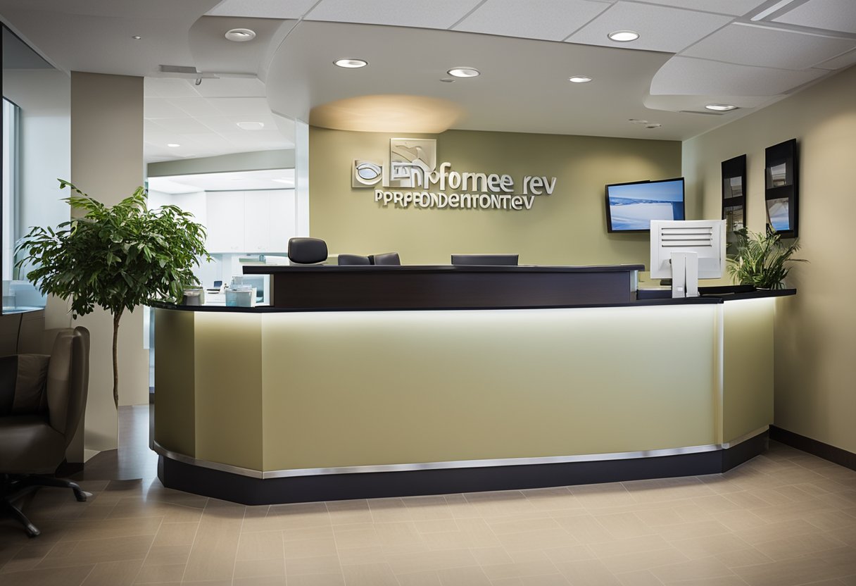 Um consultório dentário com uma mesa de recepção, cadeiras e uma placa exibindo "Informe de Rendimentos Odontoprev" de forma proeminente.