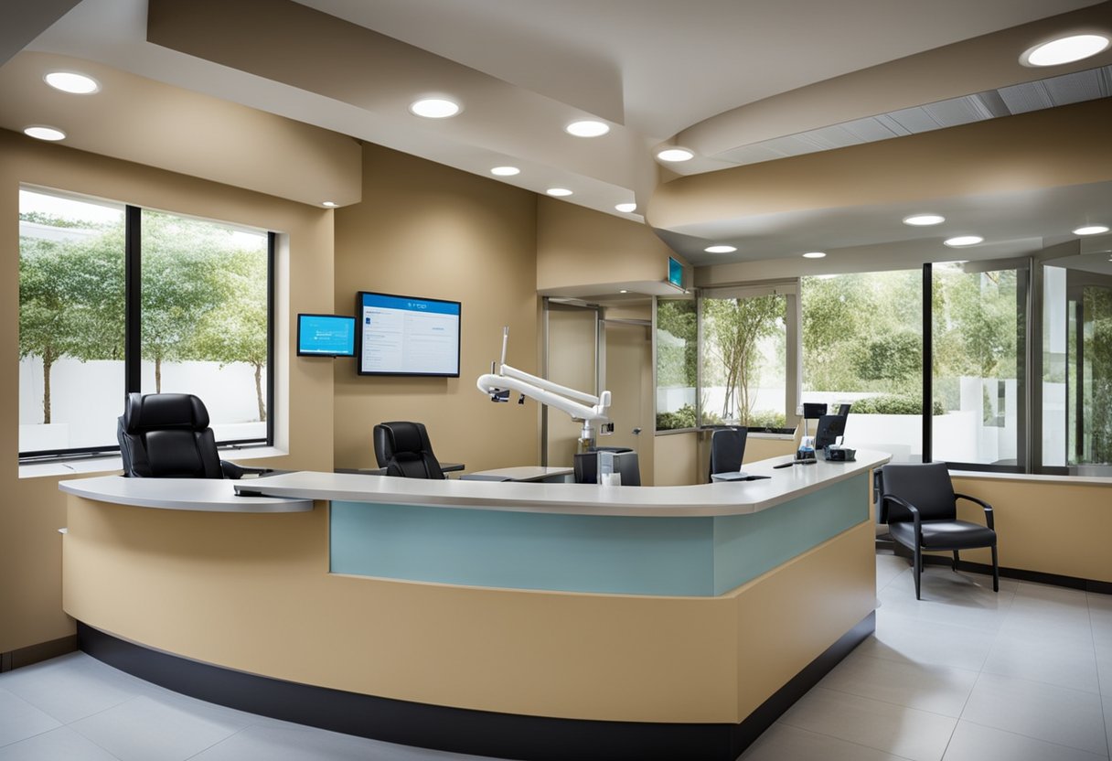 Um consultório dentário com uma recepção, cadeiras e uma placa com "OdontoPrev informe de rendimentos" na parede