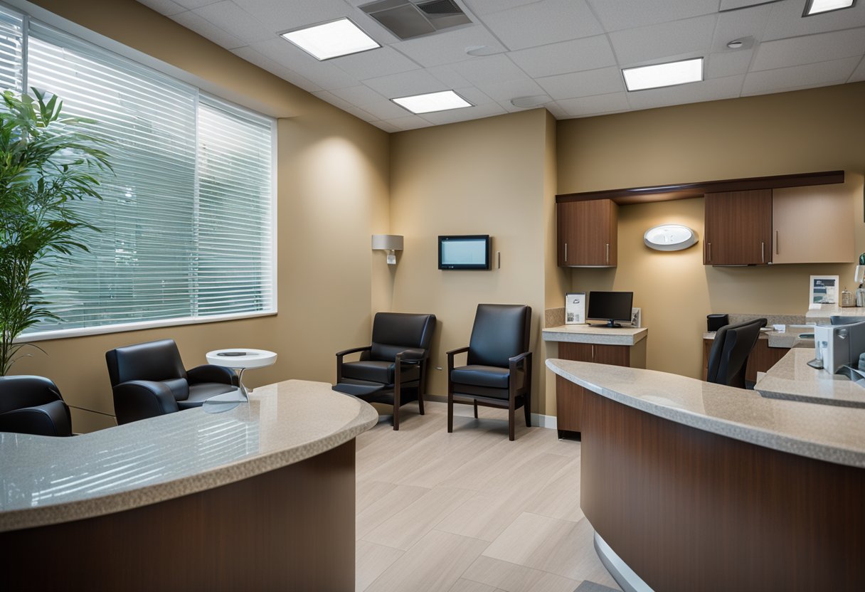 Um consultório dentário com um balcão de recepção, área de espera e equipamentos dentários