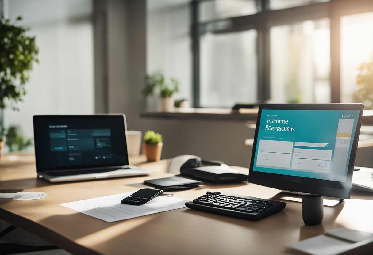 Uma mesa com um computador, calculadora e papéis rotulados "Informe de Rendimentos Planserv 2025." Uma janela mostra um dia ensolarado do lado de fora.