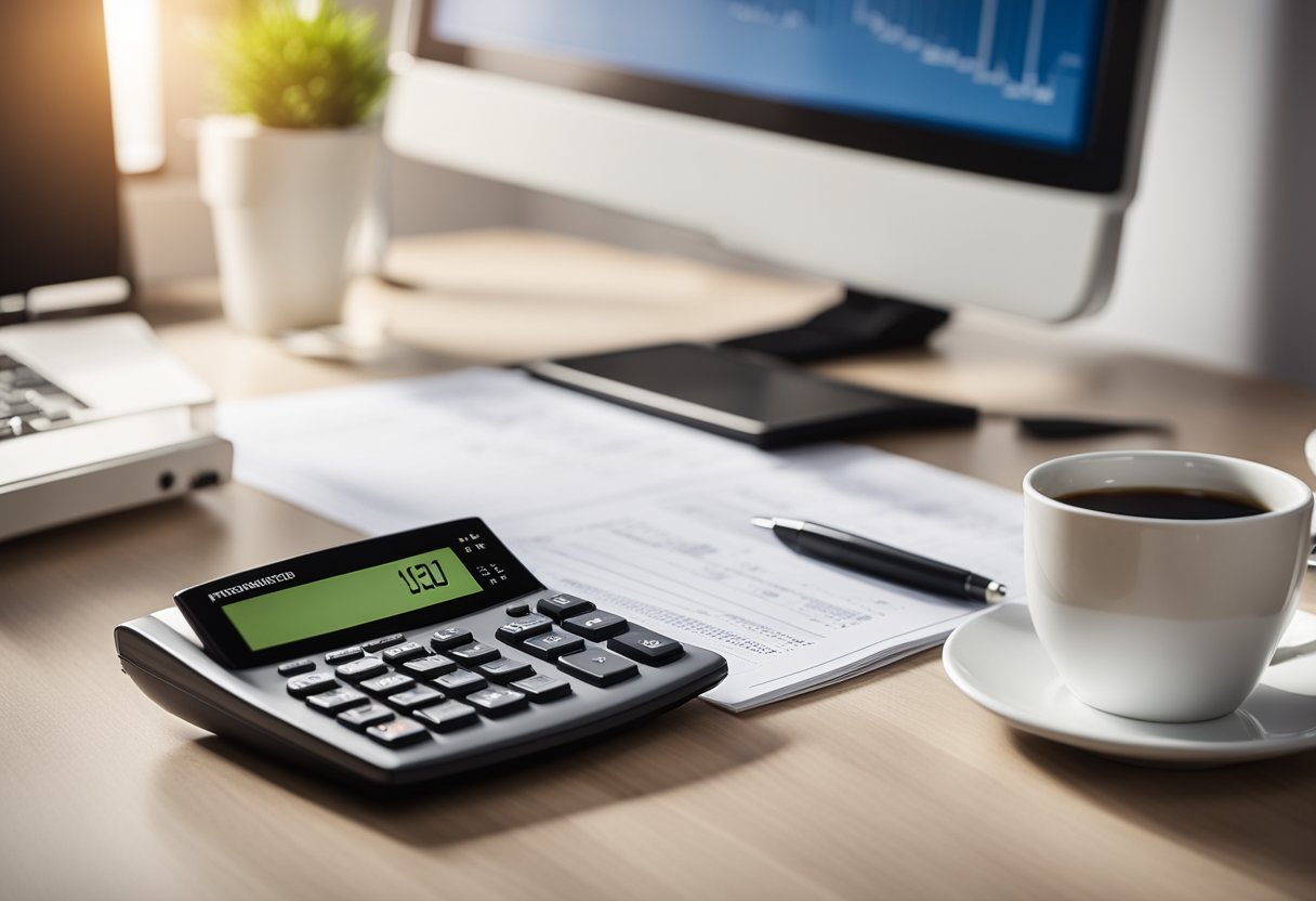 Uma mesa com uma tela de computador exibindo "Informe de Rendimentos Planserv 2025", cercada por papéis e uma calculadora