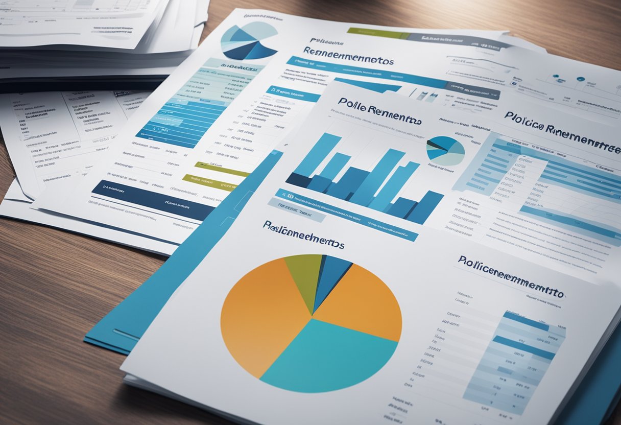 Uma pilha de relatórios financeiros e gráficos rotulados "Políticas de Rendimentos informe de rendimentos planserv 2025" em uma mesa