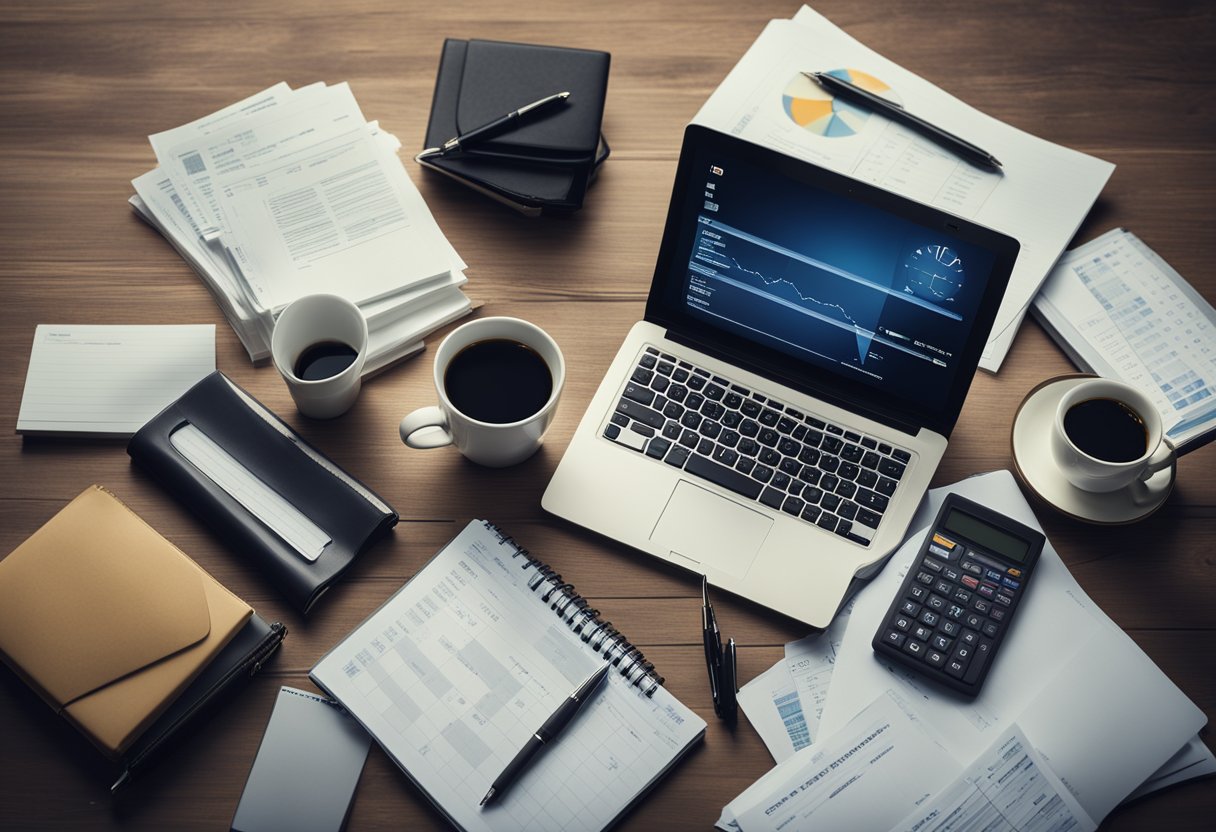 Uma mesa com um laptop, calculadora e documentos financeiros espalhados. Uma caneta e um bloco de notas estão próximos. Uma xícara de café vaporiza ao fundo.