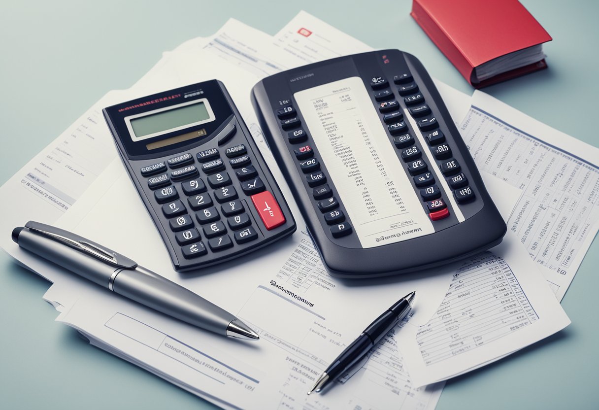 Uma pilha de documentos financeiros com o logotipo do Santander na capa, cercada por uma calculadora, caneta e papel