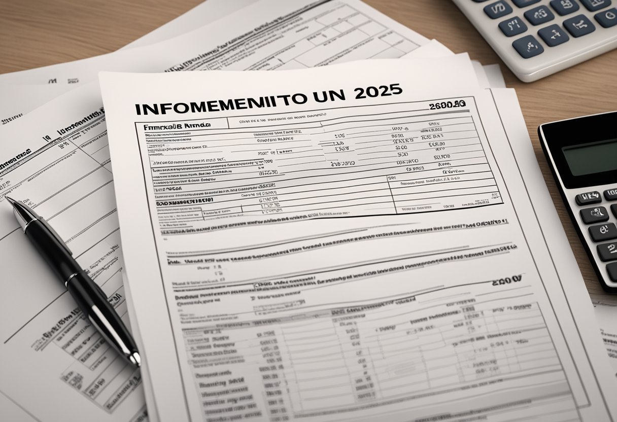 Uma pilha de documentos financeiros rotulada "Informe de Rendimentos Unimed 2025" está em uma mesa, ao lado de uma calculadora e uma caneta.