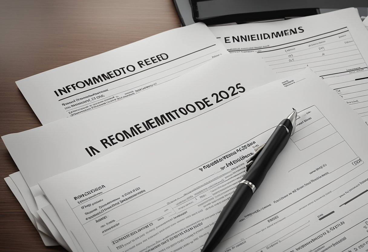 Uma pilha de documentos rotulada "Informe de Rendimentos Unimed 2025" está sobre uma mesa, com uma caneta e uma calculadora próximas.