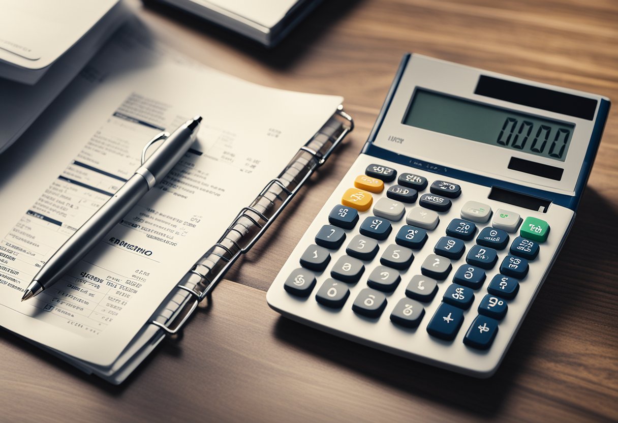 Uma pilha de documentos financeiros com o logo da Unimed, cercada por uma calculadora e uma caneta em uma mesa