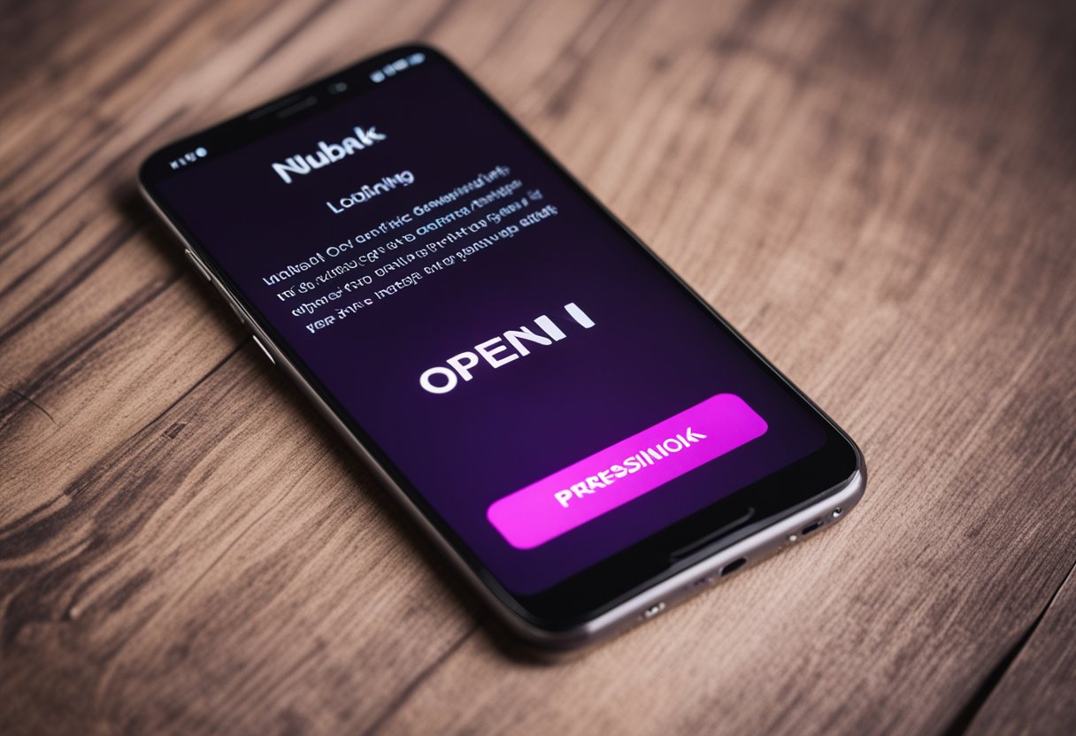 Um smartphone com o aplicativo Nubank aberto, exibindo uma mensagem de erro. A tela mostra um símbolo de carregamento, indicando instabilidade.