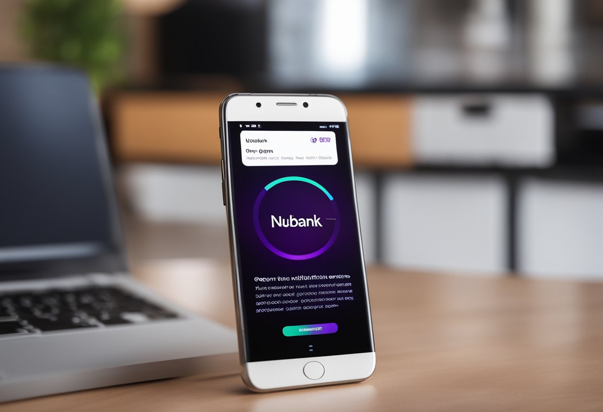 Um smartphone com o aplicativo Nubank aberto, exibindo uma mensagem de erro. O fundo pode ser uma sala de estar ou um escritório simples e moderno.
