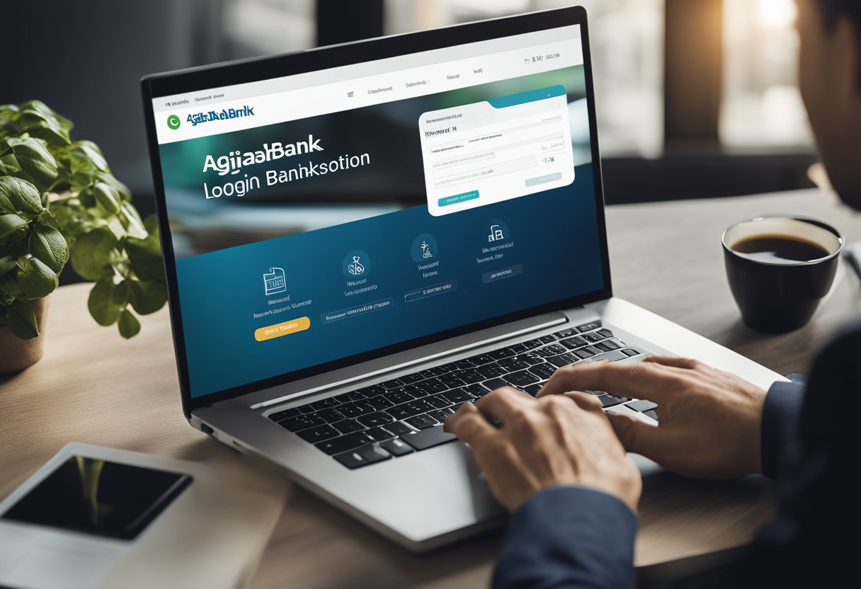 Um laptop exibindo a plataforma de internet banking do Agibank com uma página de login segura e várias transações financeiras na tela