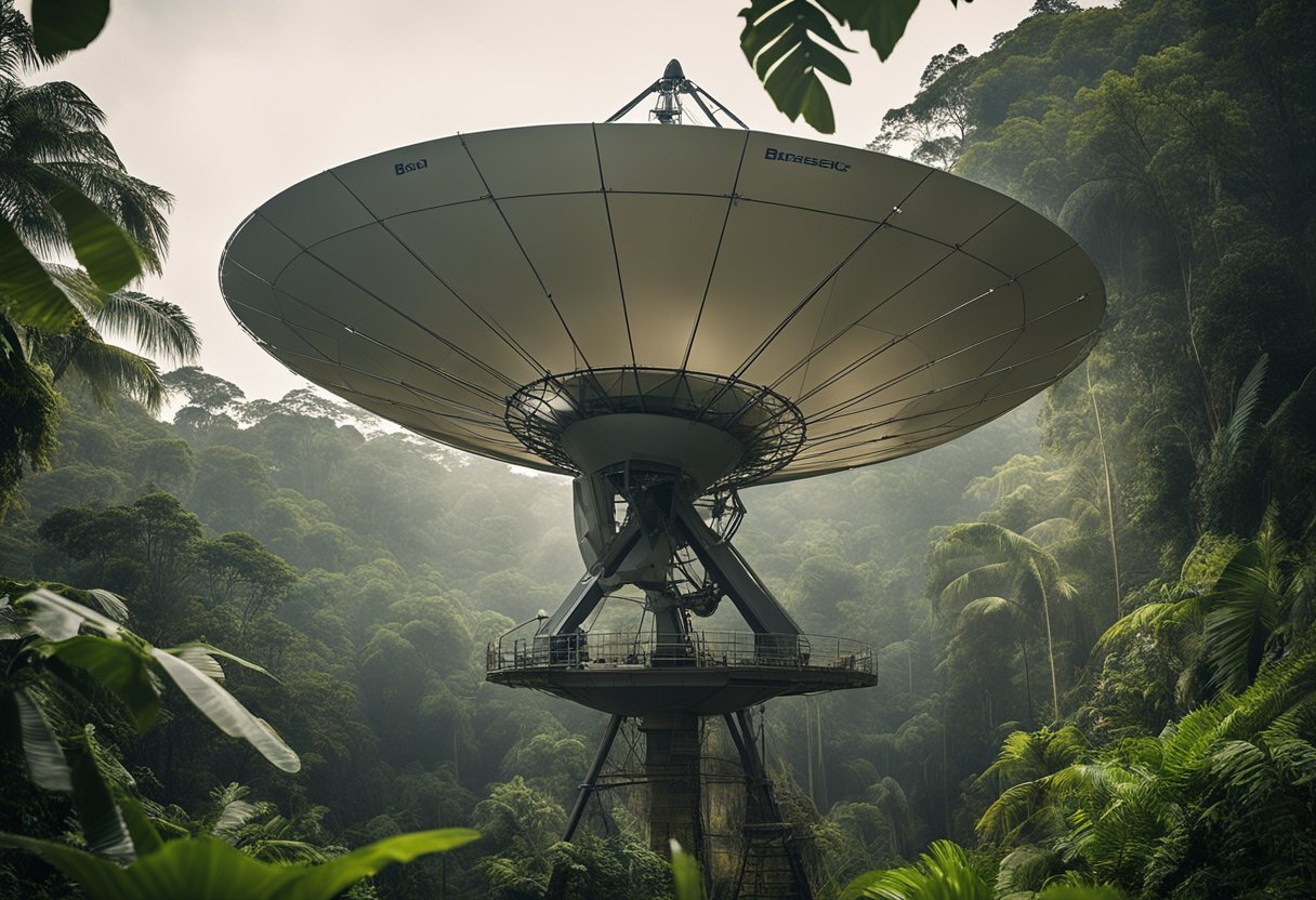 Uma antena parabólica na floresta amazônica se conecta à internet de Elon Musk, encomendada pelas agências do Bradesco no Brasil.