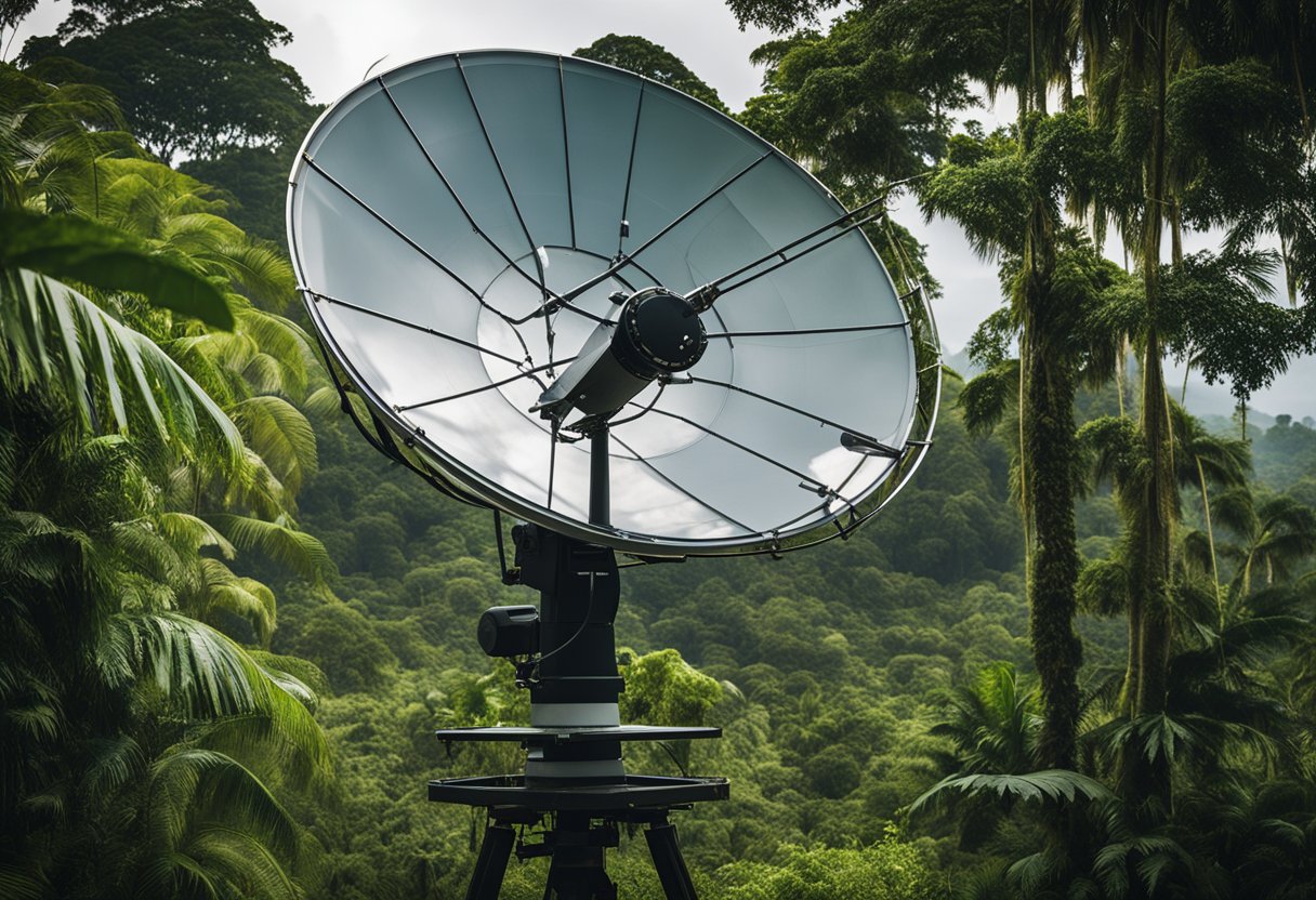 Uma antena parabólica instalada em uma área remota da floresta amazônica, com um céu limpo e árvores verdes exuberantes ao fundo.