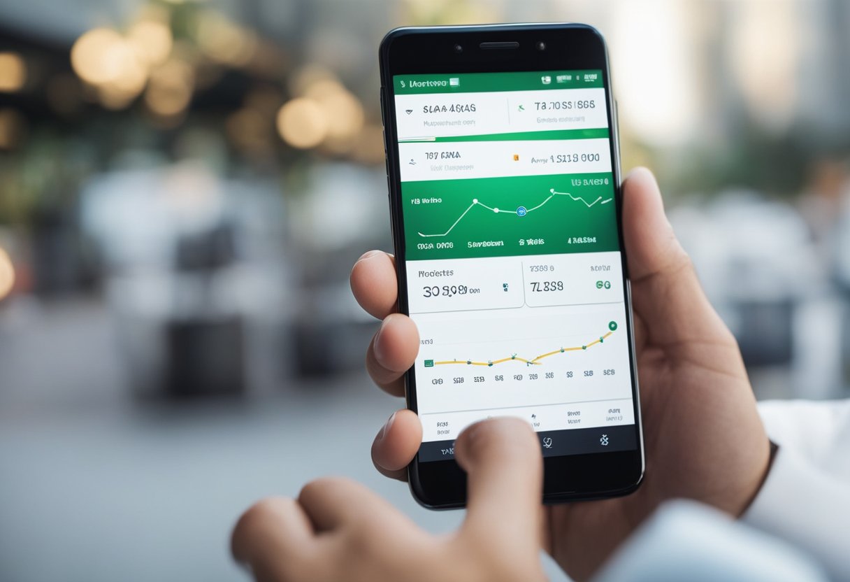 Uma pessoa usando um smartphone para acessar o aplicativo Invest Facil Bradesco com uma interface moderna e elegante, mostrando opções de investimento e ferramentas financeiras.