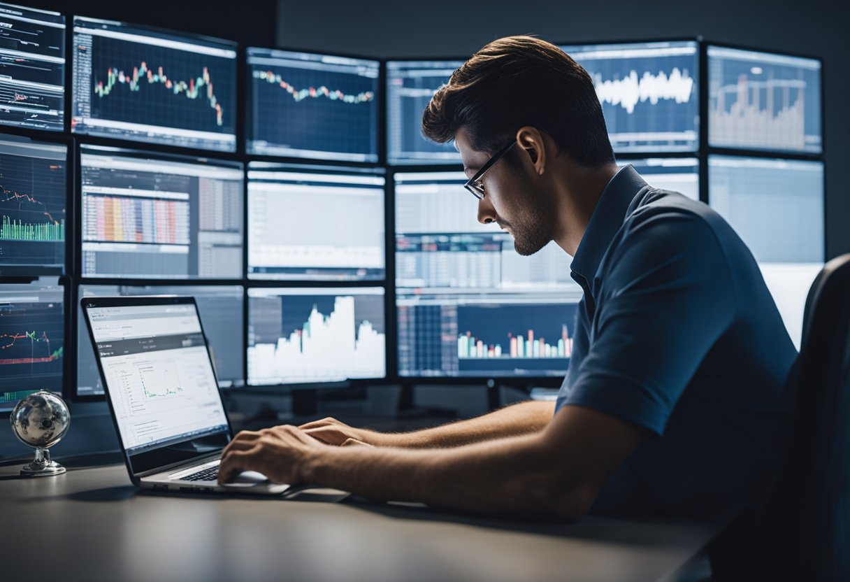 Uma pessoa sentada em uma mesa, usando um computador para acessar o site Invest Fácil Bradesco, com gráficos e tabelas financeiras exibidos na tela.